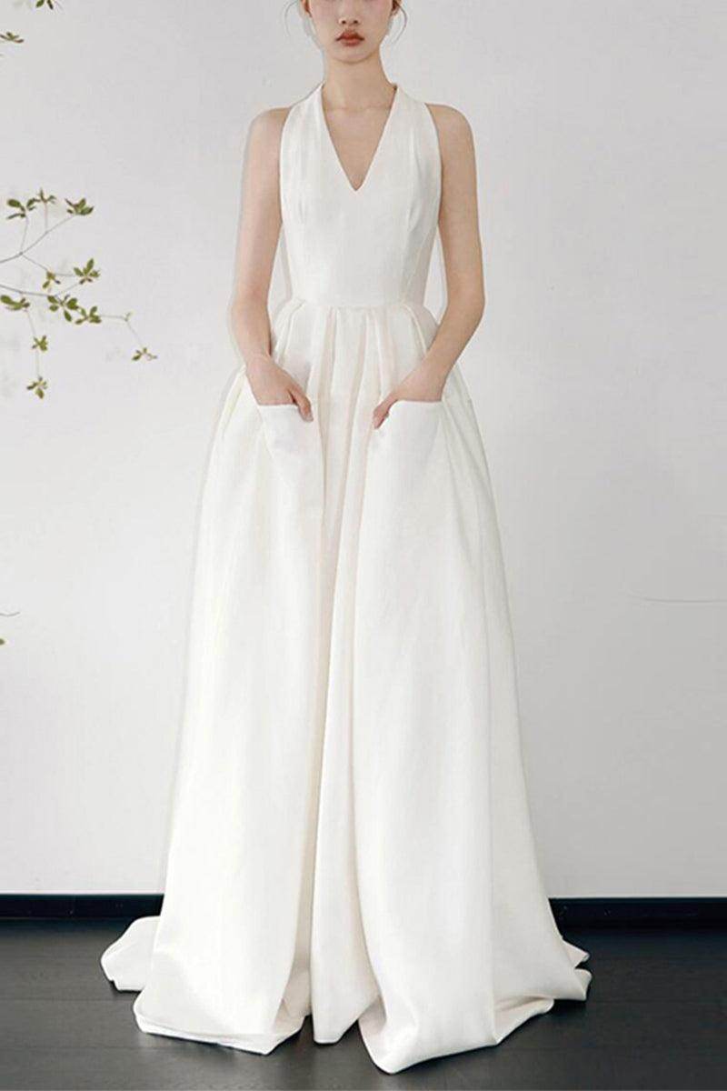 A-Line Sweep-Brush Train Satin Wedding Dress 810370913481 - COCOMELODY